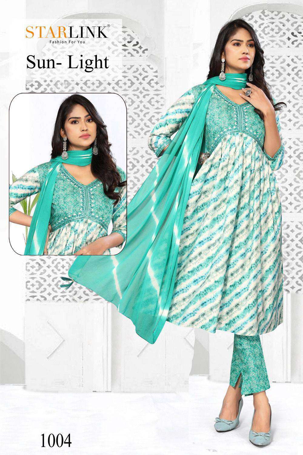 Starlink Sun Light Fancy Silk Aliya Cut Kurti Bottom Dupatta Size Set New Pattern