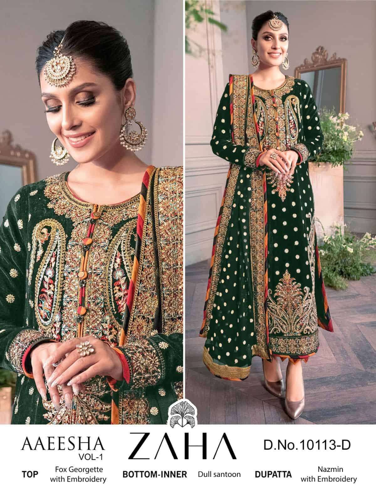 Zaha Aaeesha Vol 1 10113 Colors  Pakistani Heavy Designer Suit Supplier