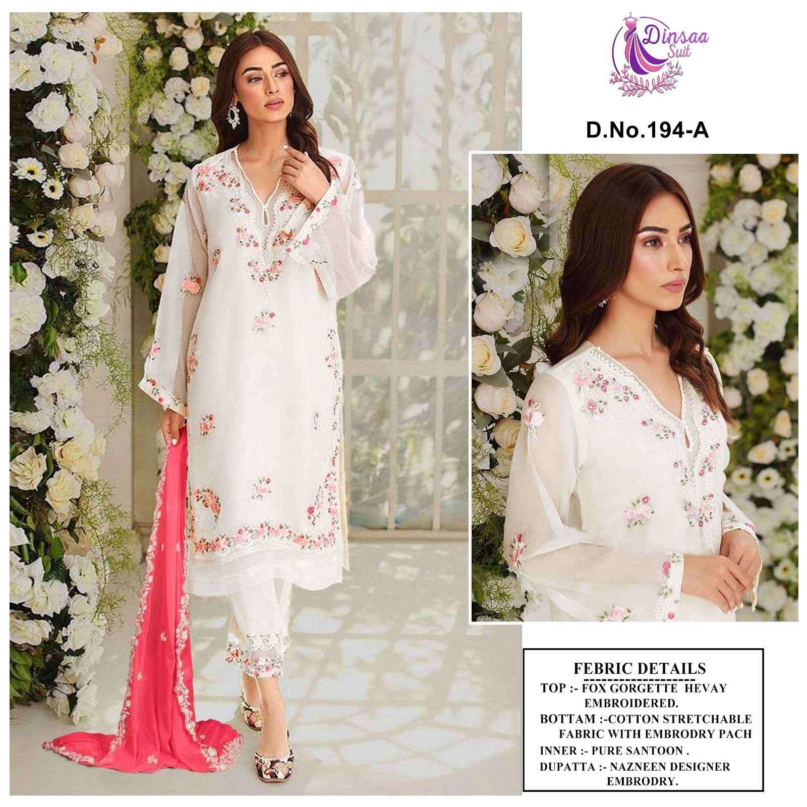 Dinsaa 194 Colors Fancy Georgette Readymade Pakistani Dress Exporter