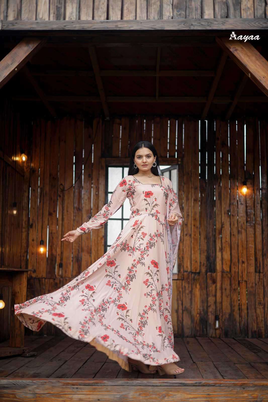Aayaa Vol 11 Digital Floral Print Traditional Flair Gown Dupatta Set Wholesaler