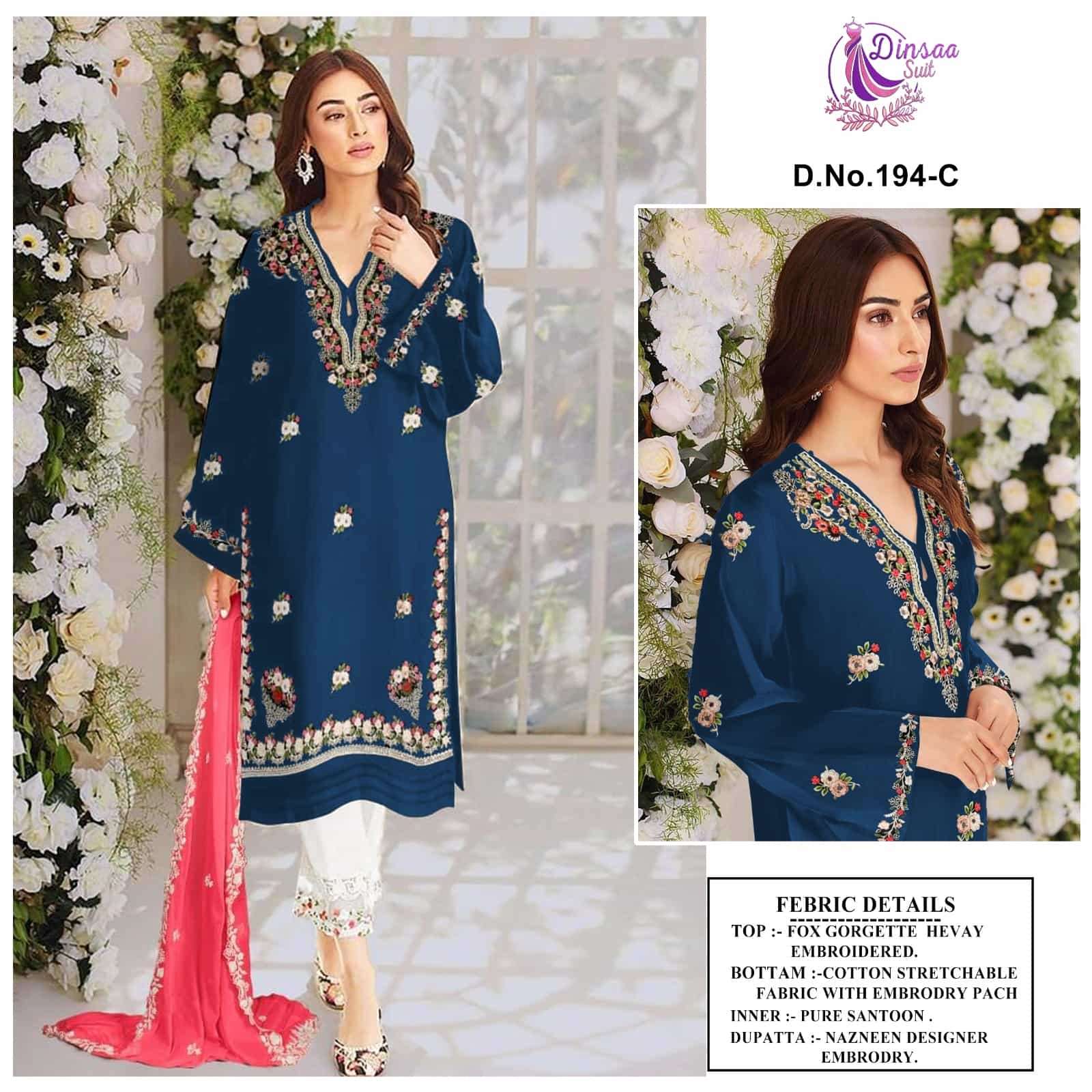 Dinsaa 194 C Pakistani Fancy Cotton Salwar Suit Wholasaler