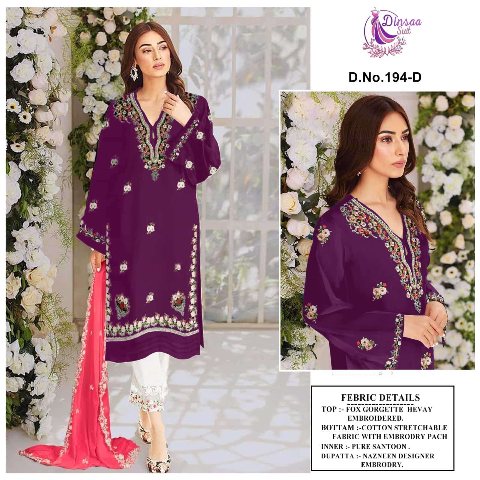 Dinsaa 194 D Festive Wear Style Designer Pakistani Suit Collection