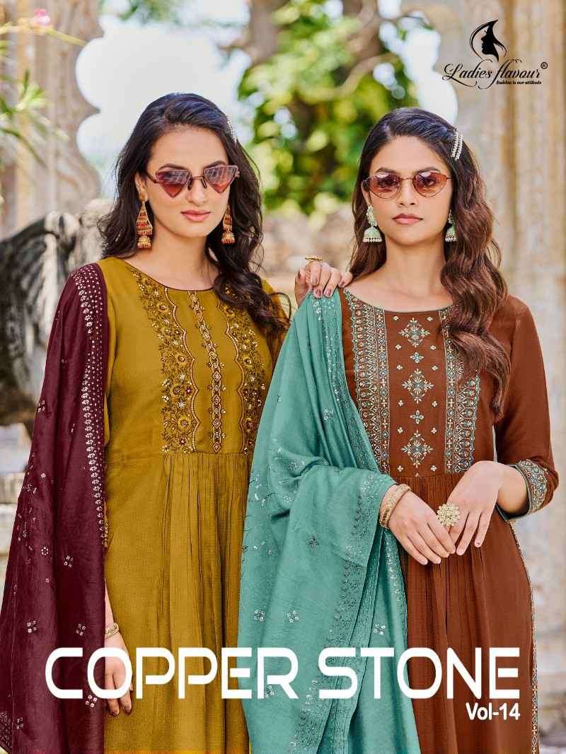 Ladies Flavour Copper Stone Vol 14 Festive Wear Kurti Pant Dupatta Set Exporter