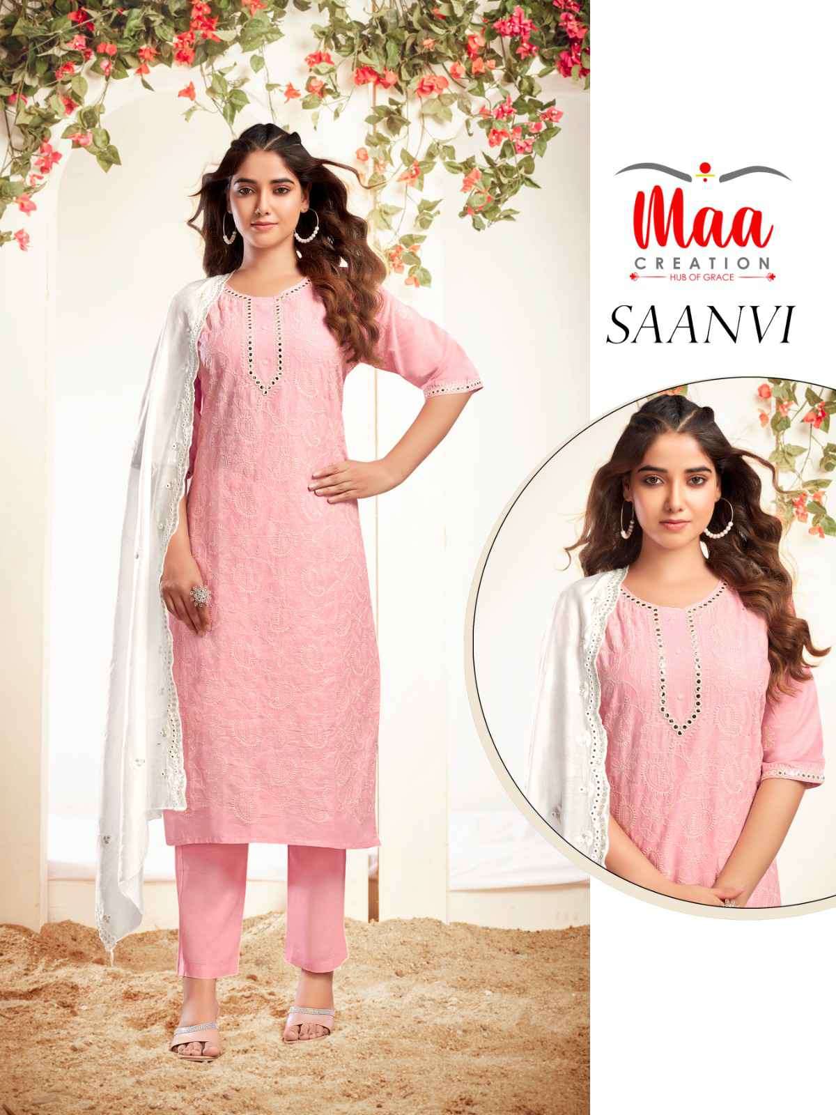 Maa Creation Saanvi Designer Embroidered Cotton 3 Piece Size Set Suit Suppliers 
