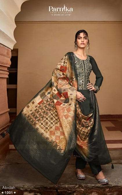 Parnika Abidah Fancy Silk Straight Designs Festive Wear Suit Catalog Supplier