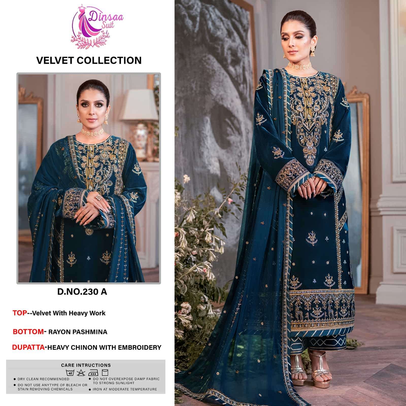 Dinsaa 230 Colors Pakistani Heavy Designer Velvet Salwar Suit Online Wholesaler