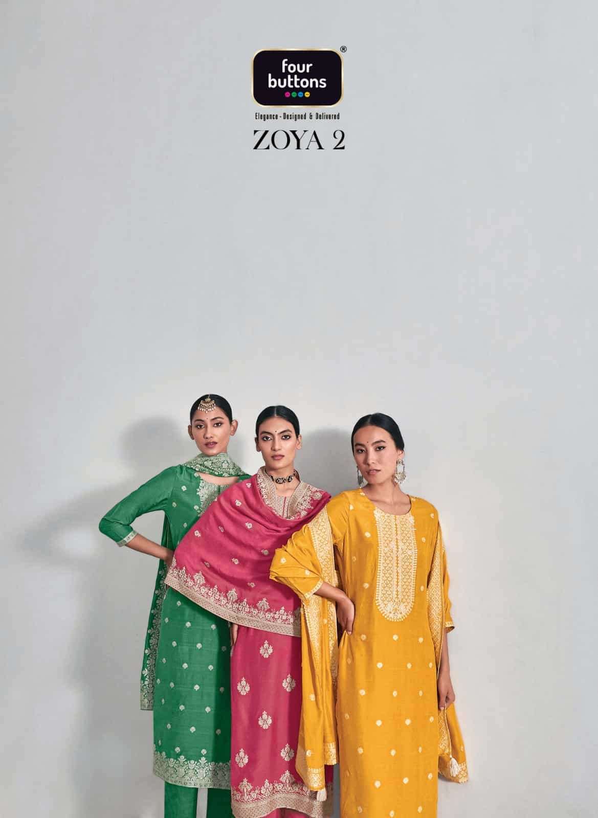Four Buttons Zoya Vol 2 Designer Lakhnavi Work Muslin Kurti pant Dupatta Sets