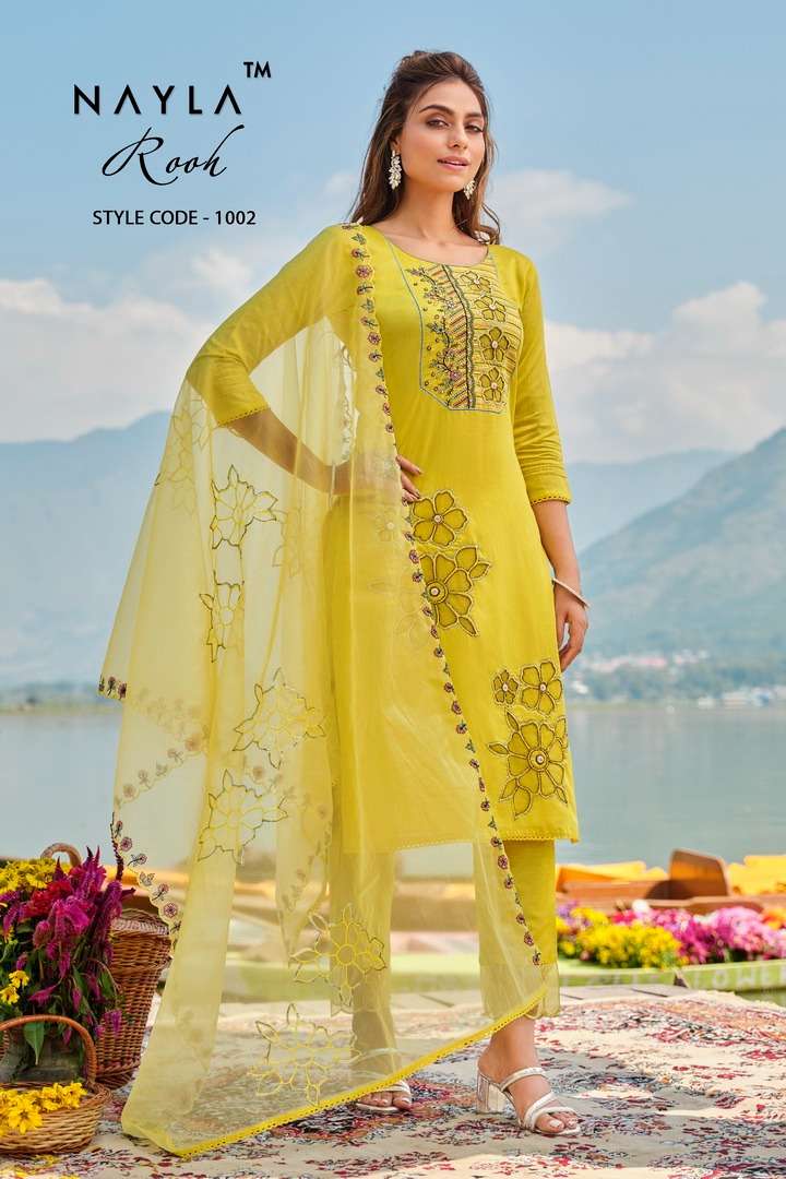 Nayla Rooh Ethnic Wear Stylish Straight Designs Kurti Pant Dupatta Set Exporter