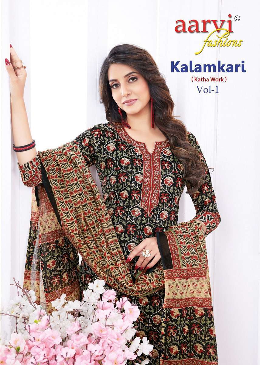 Aarvi Kalamkari Vol 1 Fancy Print Cotton Kurti Pant Dupatta Set New Collection