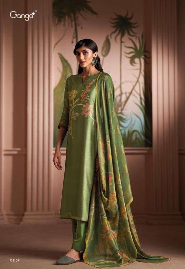 Ganga Shanaya 1137 Green Pure Russian Silk Branded Ladies Suit Winter Collection