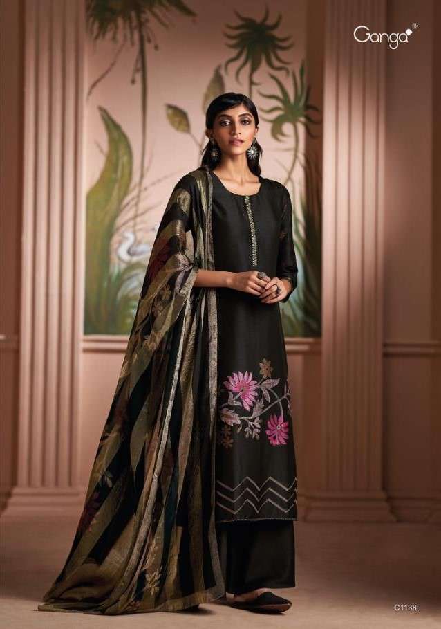 Ganga Shanaya 1138 Winter Wear Pashmina Black Designs Suit Collection