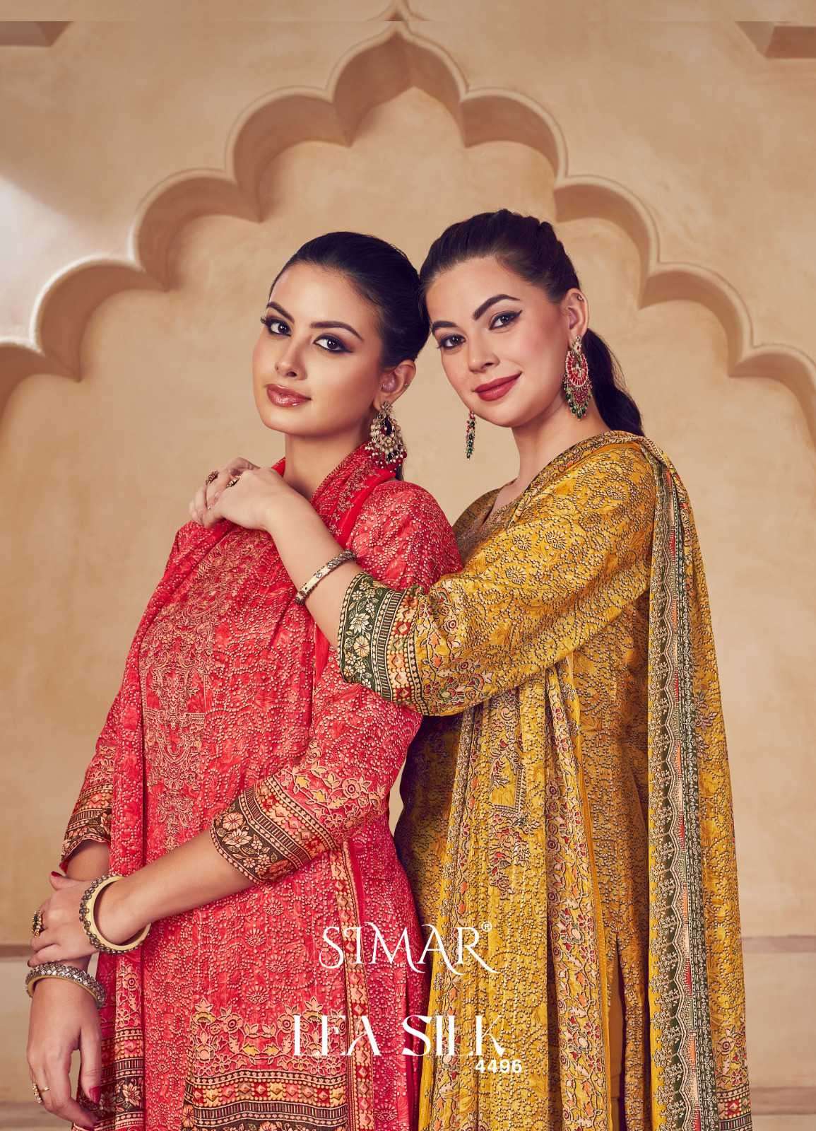 Glossy Simar Lea Silk 4496 Fancy Silk Exclusive Ladies Suit Catalog Suppliers