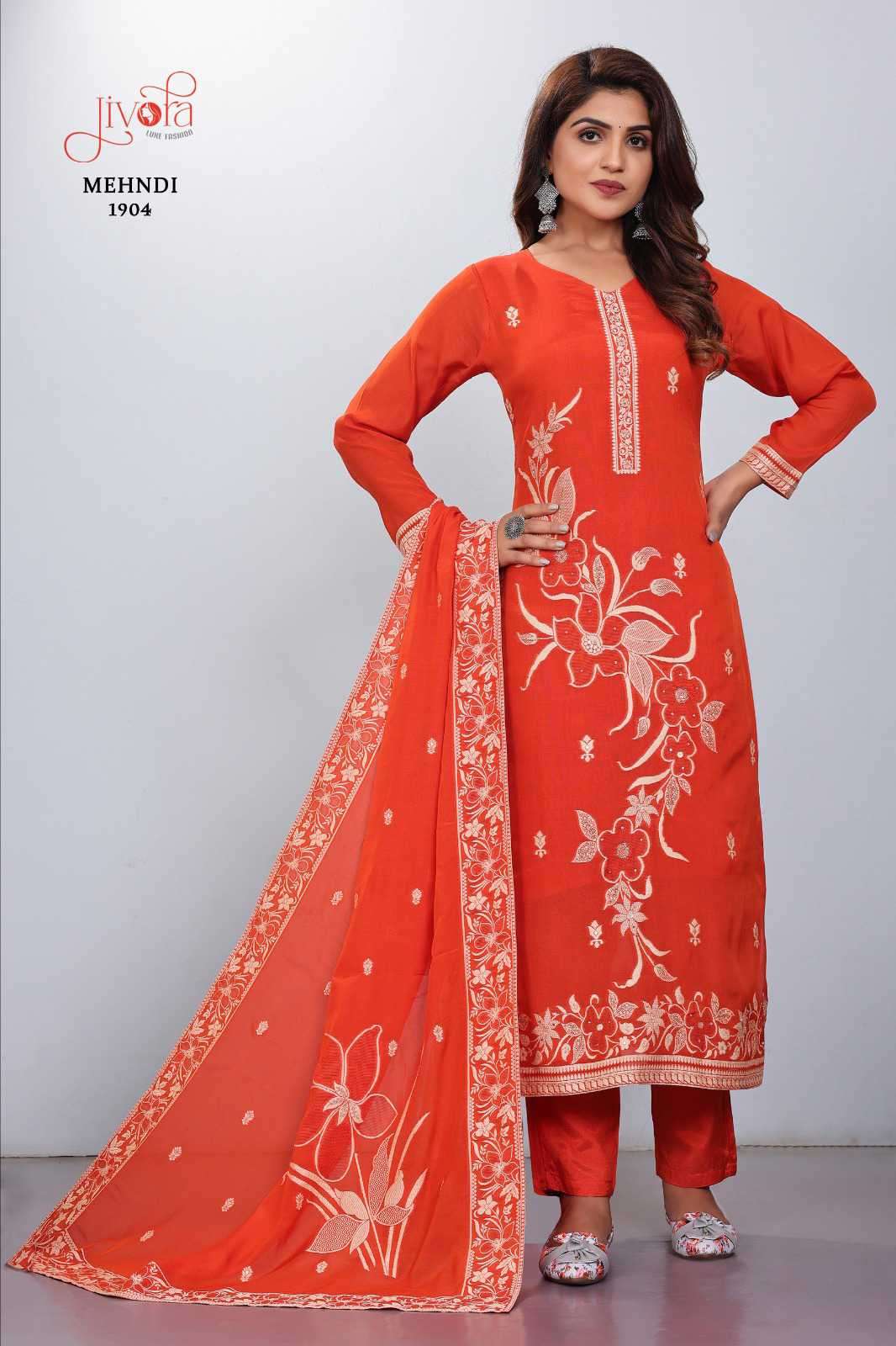 Jivora Mehndi Fancy Readymade 3 Piece Occasion Wear Suits Exporters