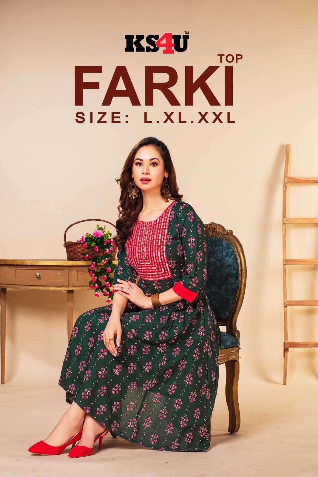 KS4U Farki Fancy Rayon New Designs Flair Kurti Set Wholesalers