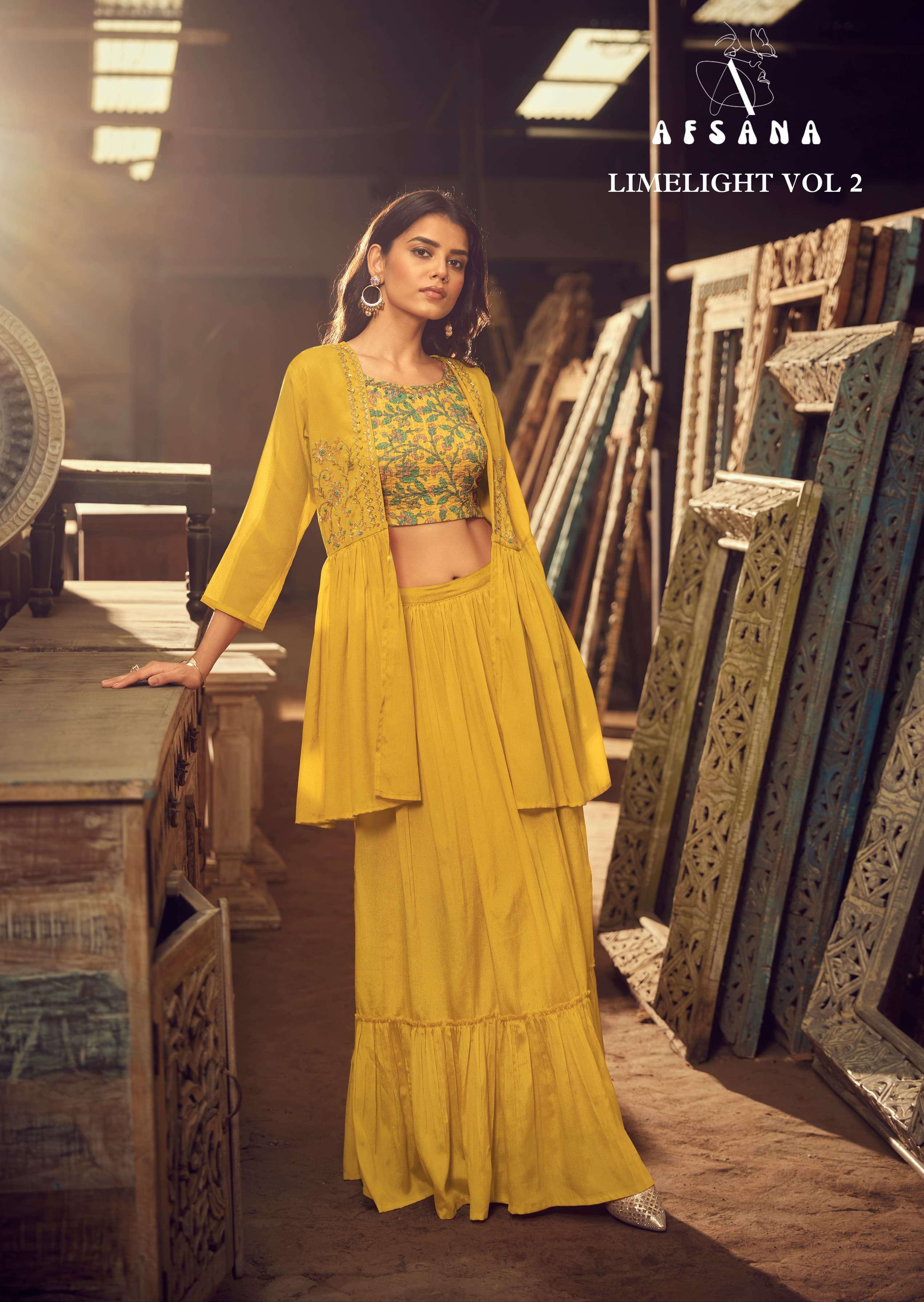 Afsana Limelight Vol 2 Partywear Shurg Style 3 Piece Crop Tops Designs Latest Collection
