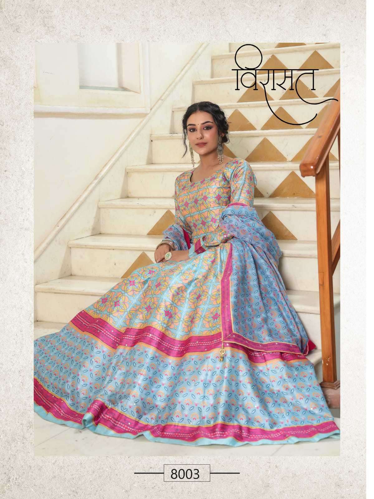 Virasat Flora 8001 To 8006 Designer Silk Gown Dupatta Pair Wedding Collection