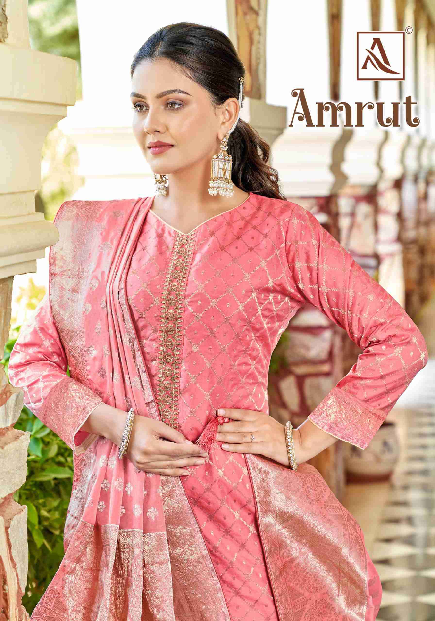 Alok Suit Amrut Fancy Jacquard Festive Wear Ladies Suit Wholesalers