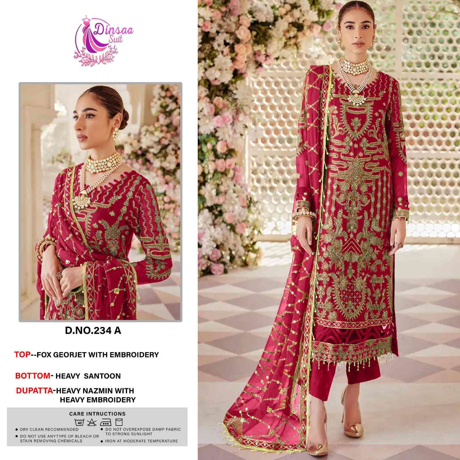 Dinsaa 234 Colors Designer Work Georgette Pakistani Dress Catalog Wholesalers