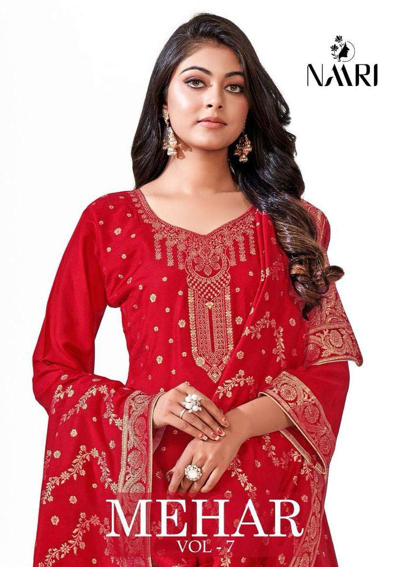 Naari Mehar Vol 7 Fancy Muslin Jacquard Festive Wear Dress New Designs