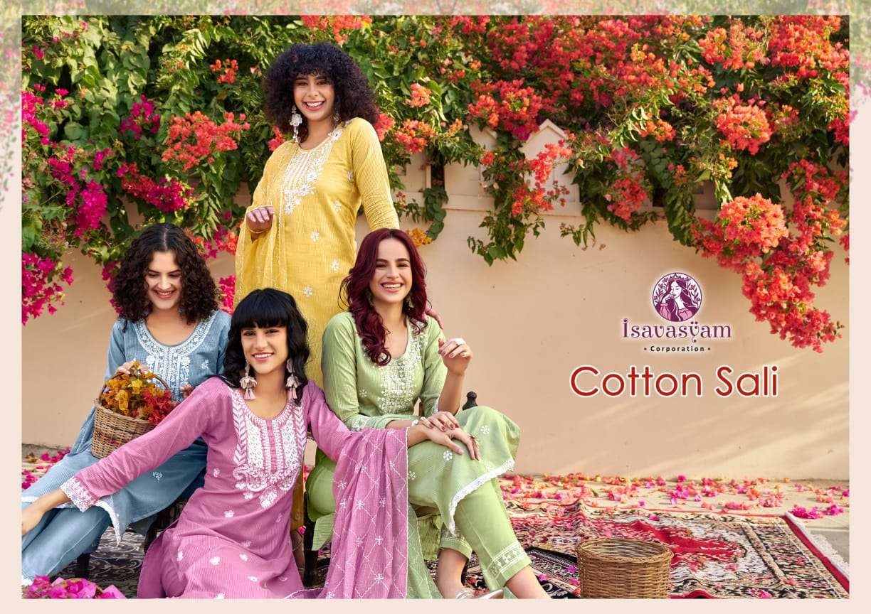 Isavasyam Cotton Sali Fancy Cotton Kurti Bottom Dupatta Set Wholesalers