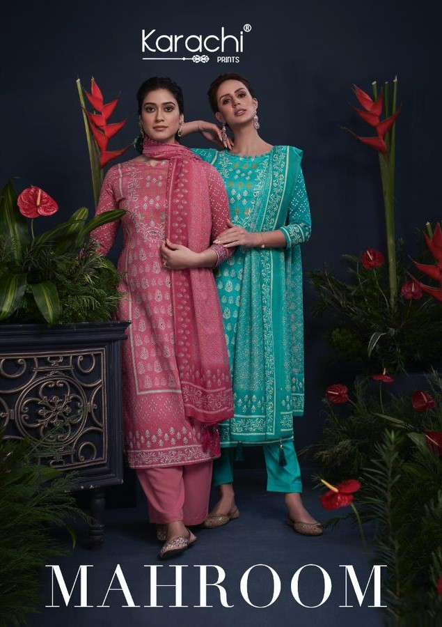 Karachi Prints Kesar Mahroom Pure Jam Satin Fancy Ladies Dress Exporters
