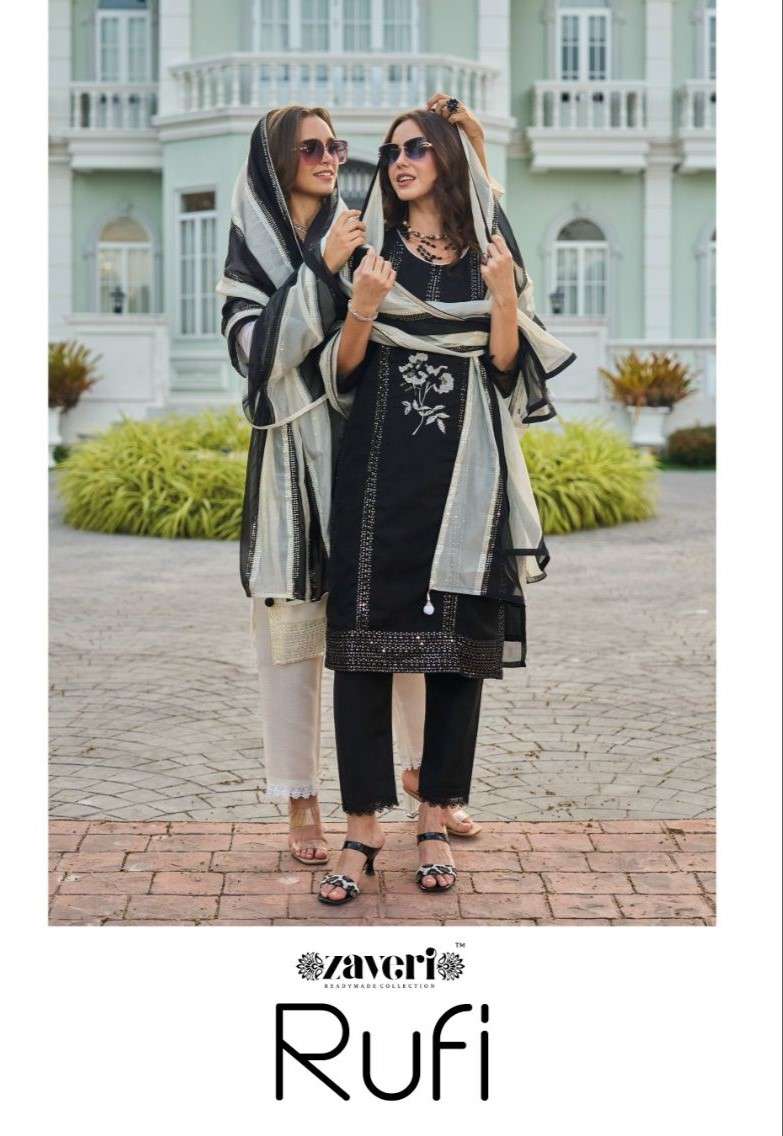 Zaveri Black And White Rufi Stylish Kurti Pant Dupatta Pair Festive Collection
