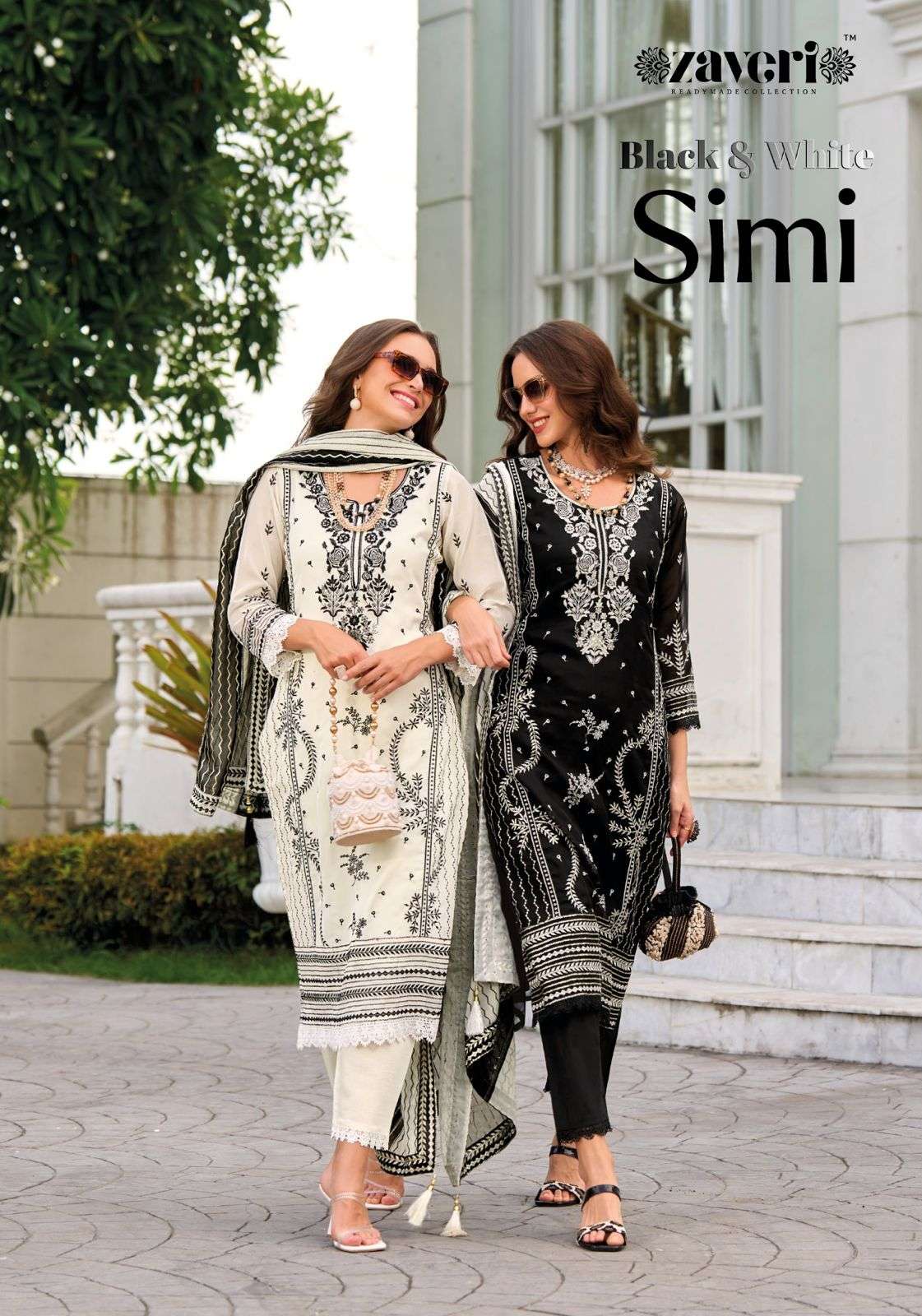 Zaveri Black And White Simi Pakistani Kurti Pant Dupatta Set Catalog Suppliers