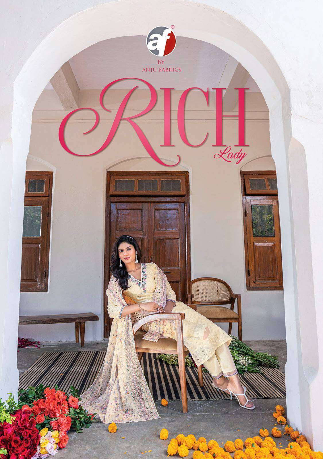 Af Stock Out Rich Lady By Anju Fabrics Exclusive Kurti Pant Dupatta Set Catalog Suppliers