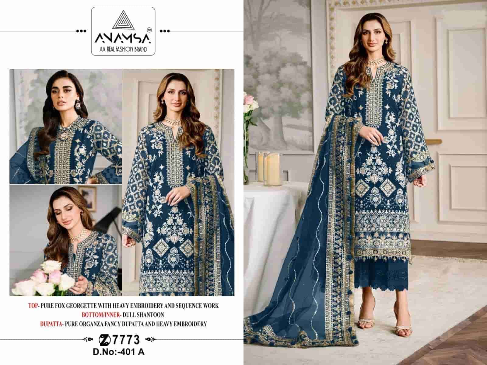 Anamsa 401 Colors Pakistani Latest Designer Partywear Suit Catalog Collection