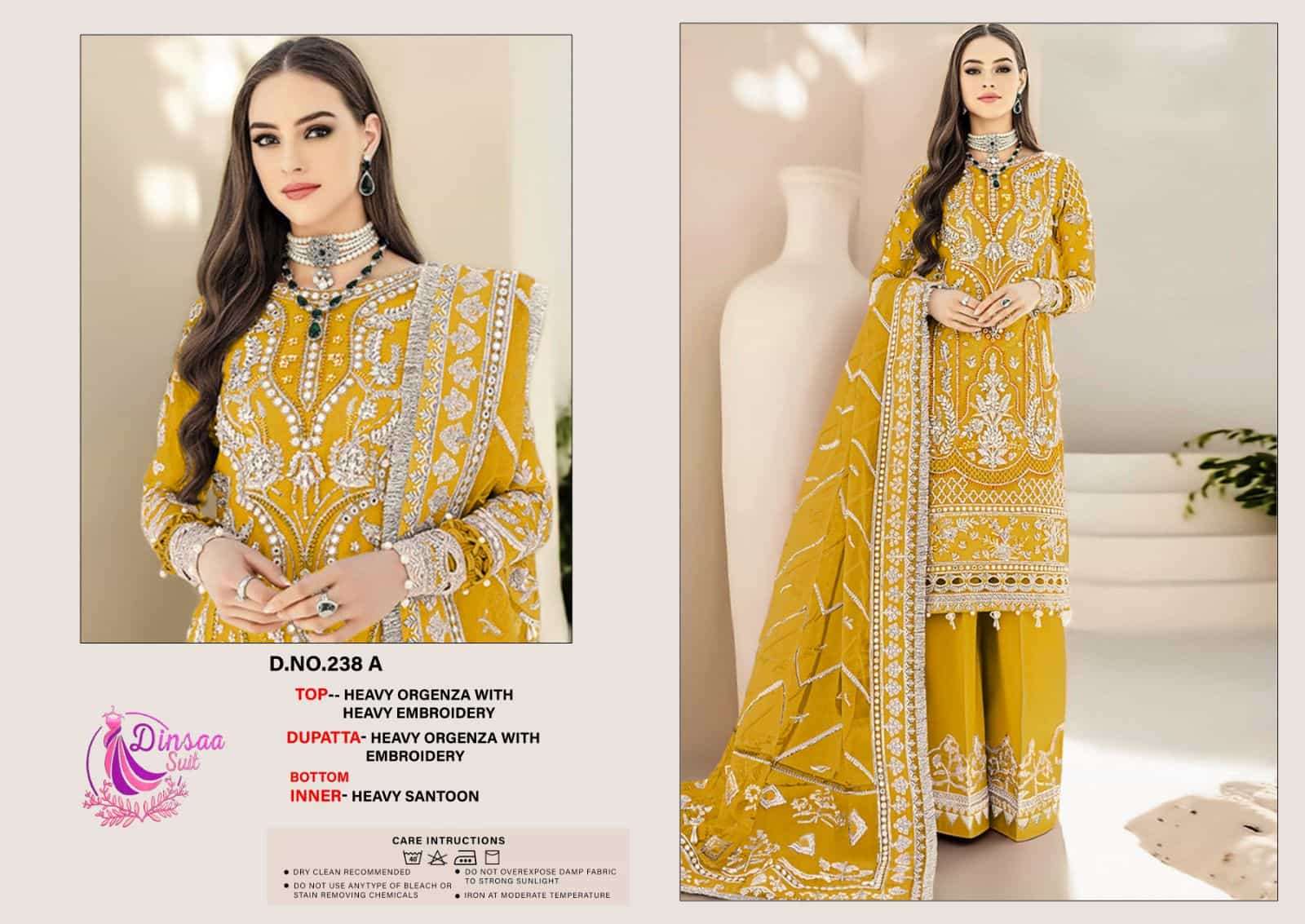 Dinsaa 238 Colors Organza Stylish Pakistani Designer Unstitched Suit Wholesalers