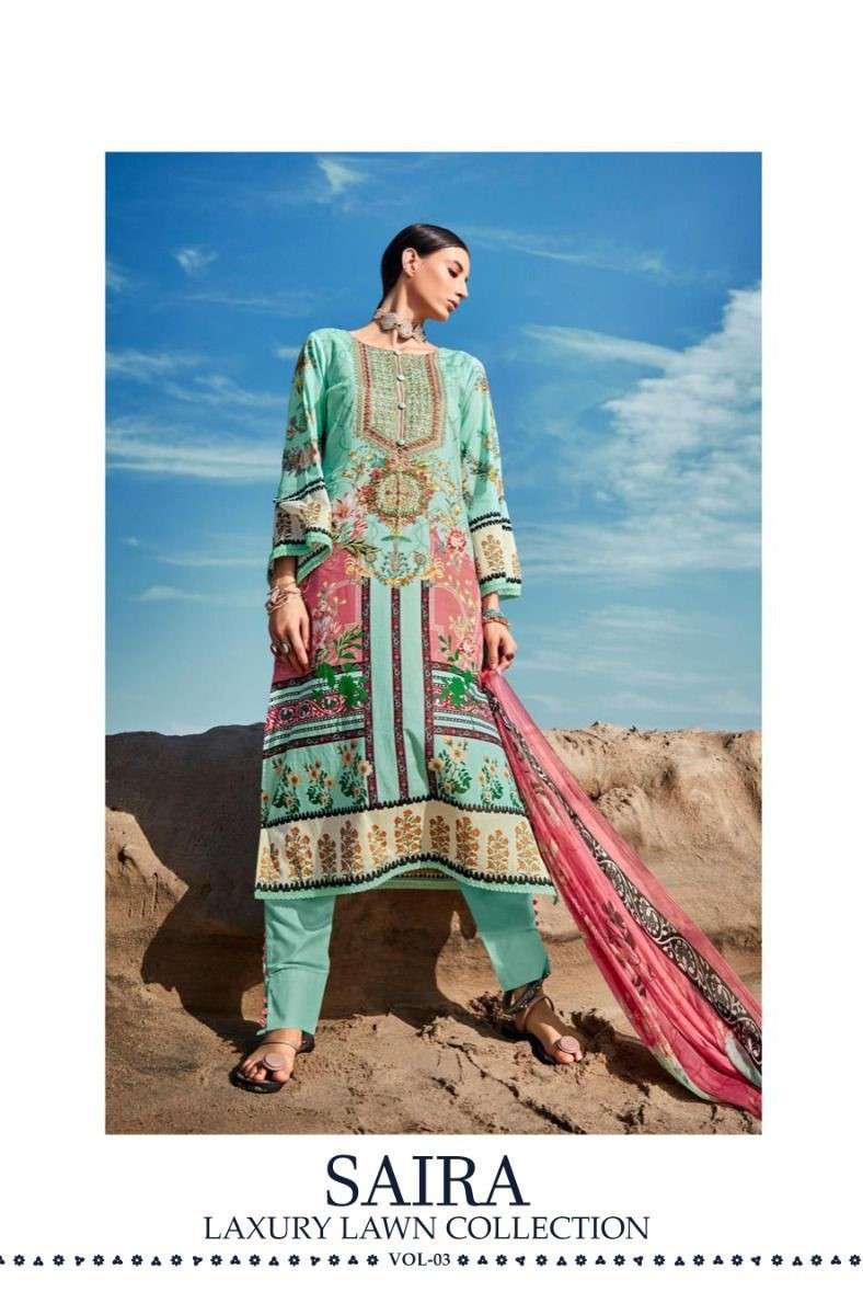 Jihan Saira Laxury Lawn Collection Vol 3 Lawn Cotton Pakistani Suit Catalog Exporters