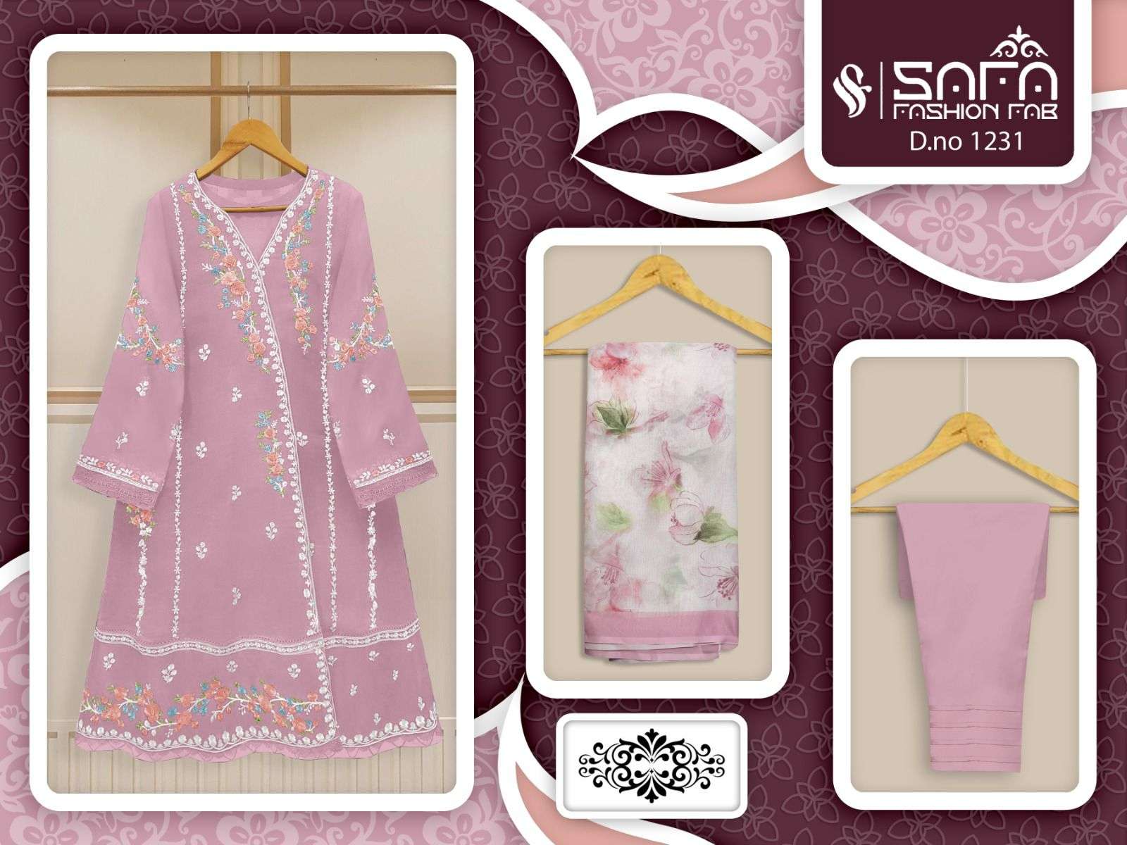 Safa Fashion Fab 1231 Pakistani Designer 3 Piece Suit Catalog Dealers