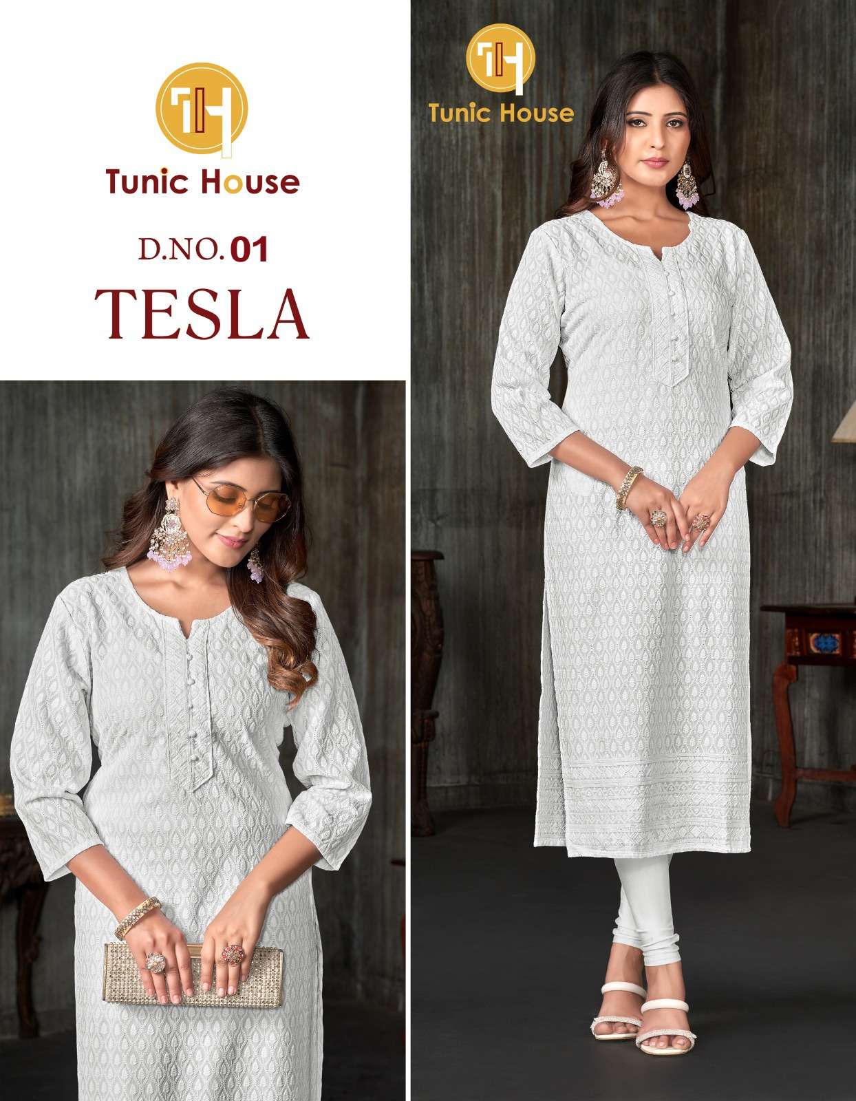 Tunic House Tesla Fancy Chikan Work Straight Kurti Size Set Collection