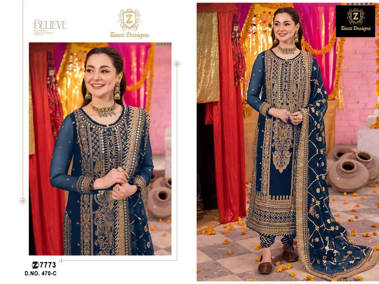 Ziaaz Designs 470 Colors Pakistani Heavy Designer Embroidered Suit Wholesalers