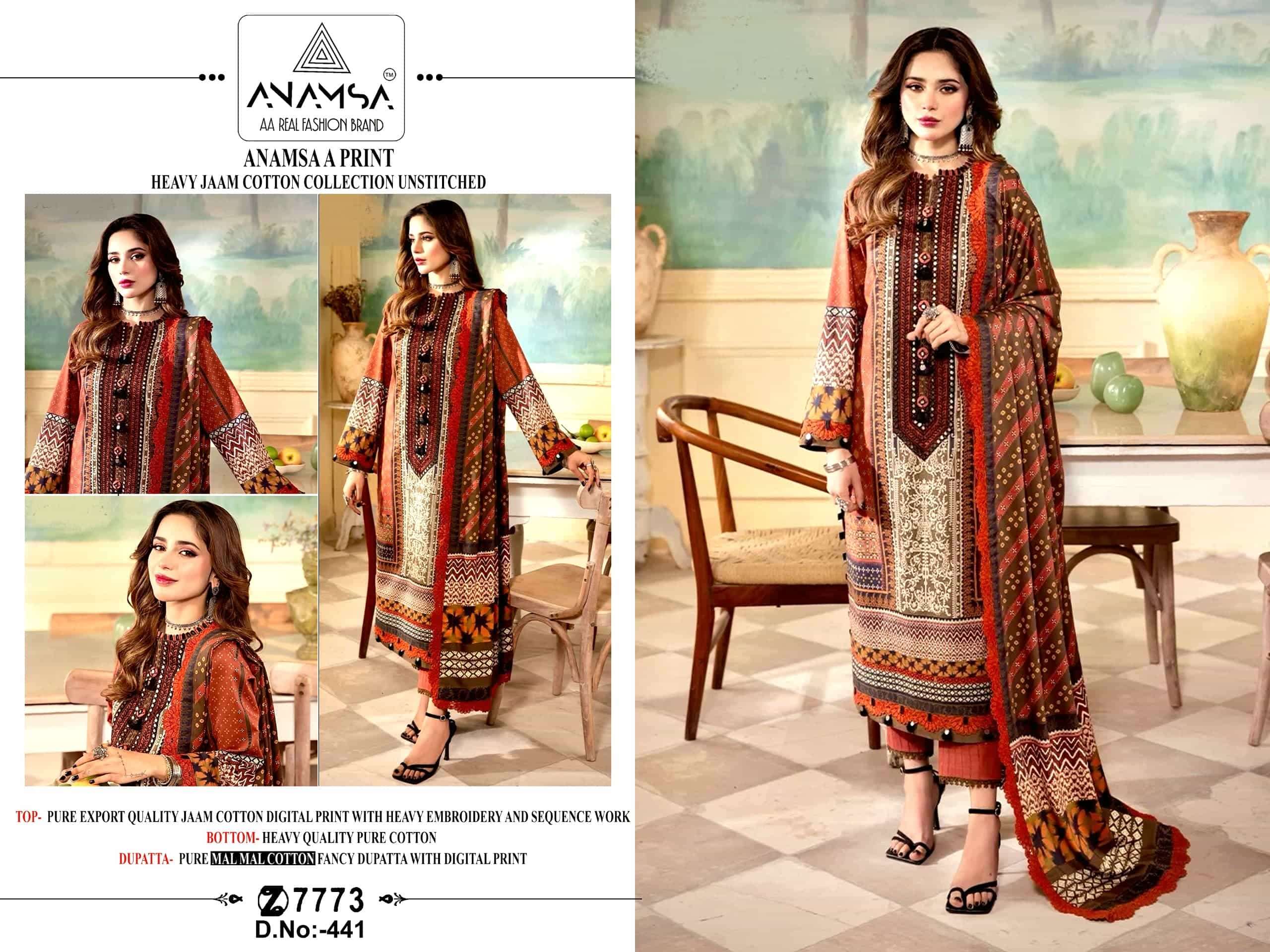 Anamsa 441 Latest New Designer Style Pakistani Cotton Unstitched Dress Collection