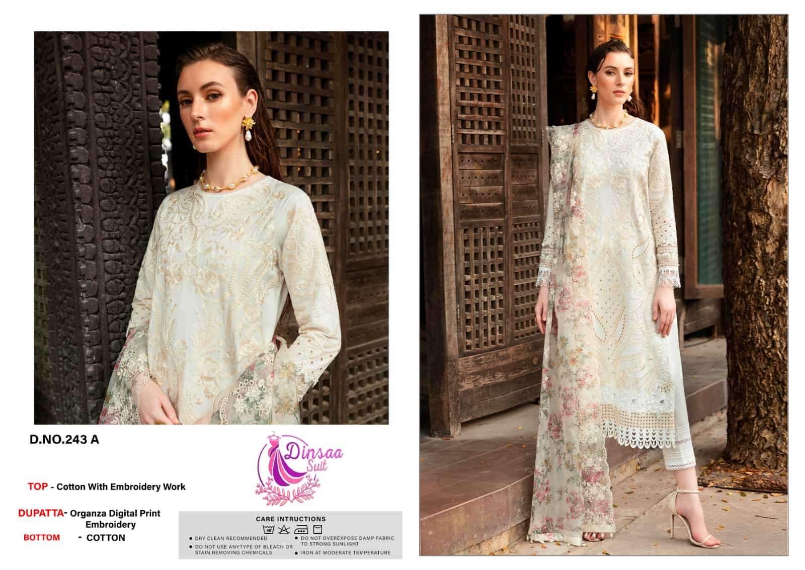 Dinsaa D 243 A Exclusive Latest New Designer Embroidered Cotton Suit Collection