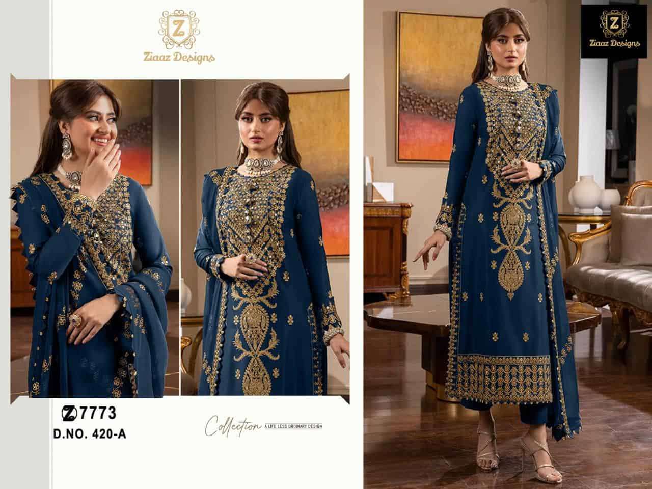 Ziaaz Designs 420 A Pakistani Latest Designer Embroidered Suit Exporter