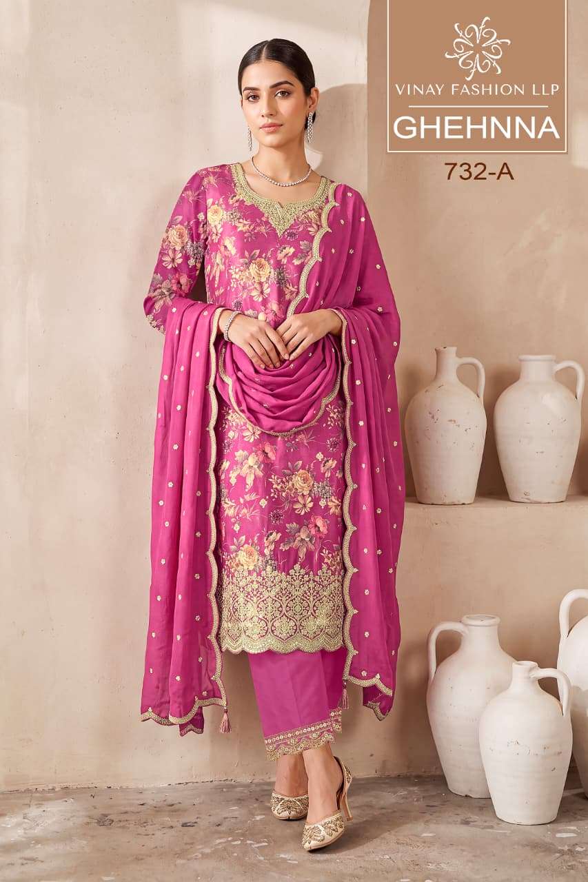 Vinay Fashion Kuleesh Ghehnna Exclusive Premium Chinon Suit Catalog Dealers