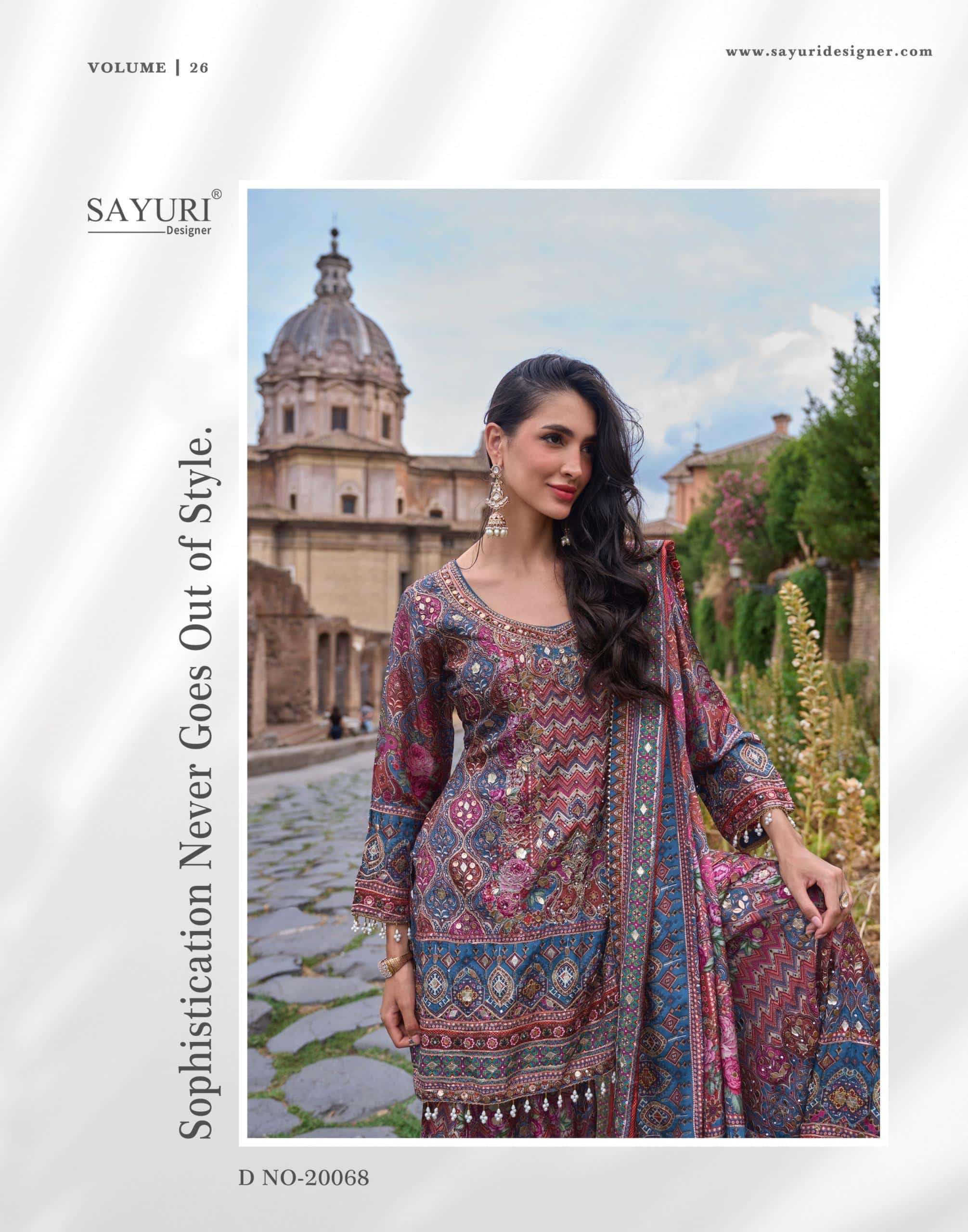 Sayuri Nimrit 20067 To 20069 Fancy Crape Silk 3 Piece Palazzo Suit Wholesalers