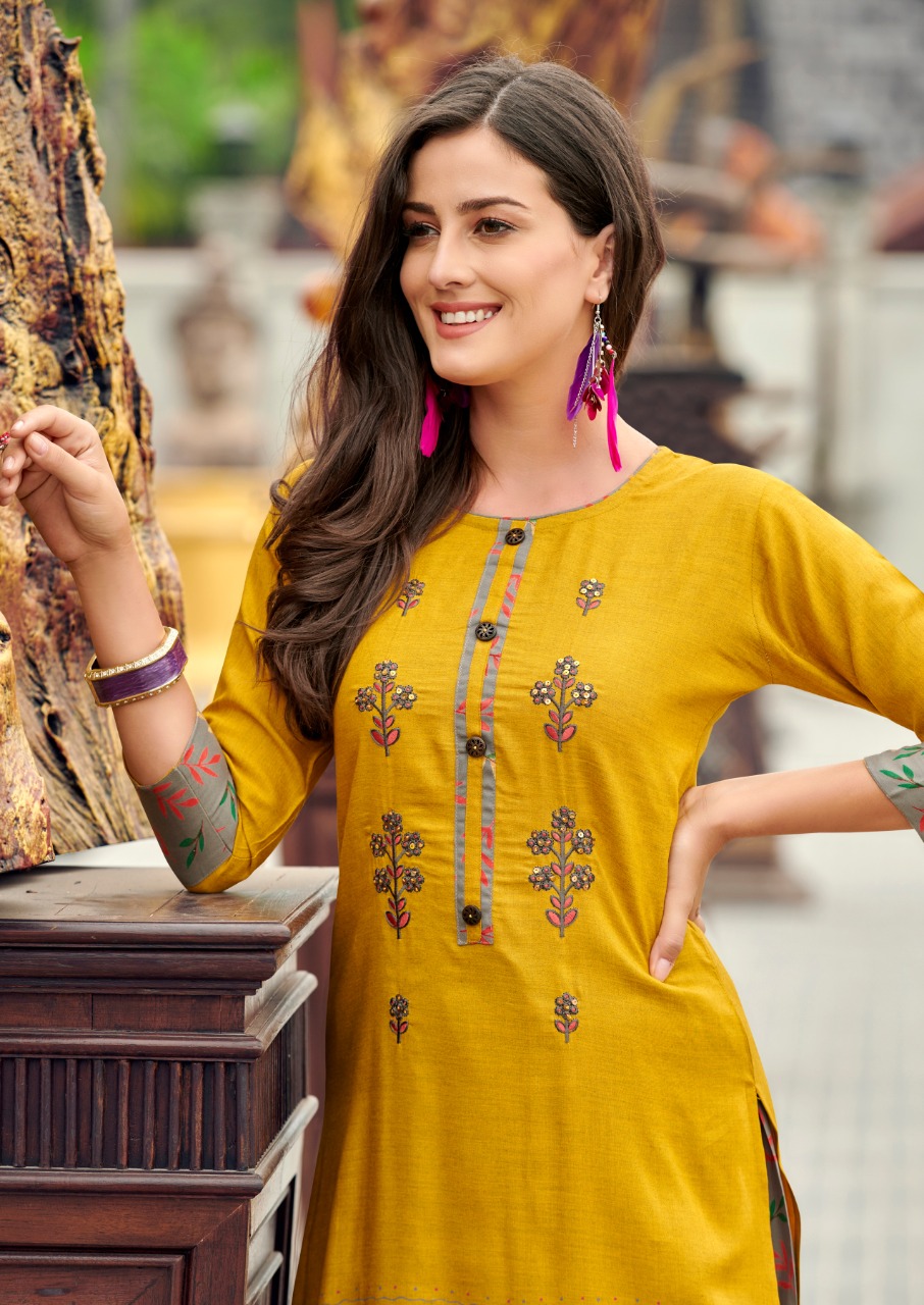 Embellished Women Yellow Color Rayon Straight Kurti Palazzos Set With  Mirror And Aari Work