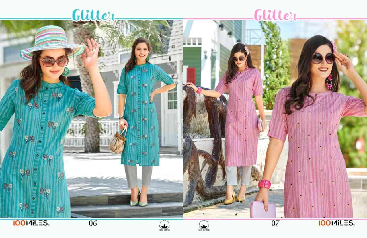100 Miles Glitter Pattern Cotton kurti design supplier Surat