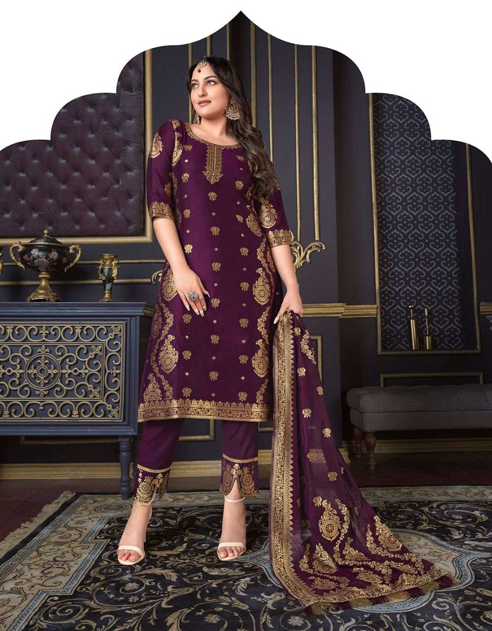 Purple Banarasi Readymade Punjabi Suit 140034 | Embroidery fashion, Patiala  dress, Kids dress