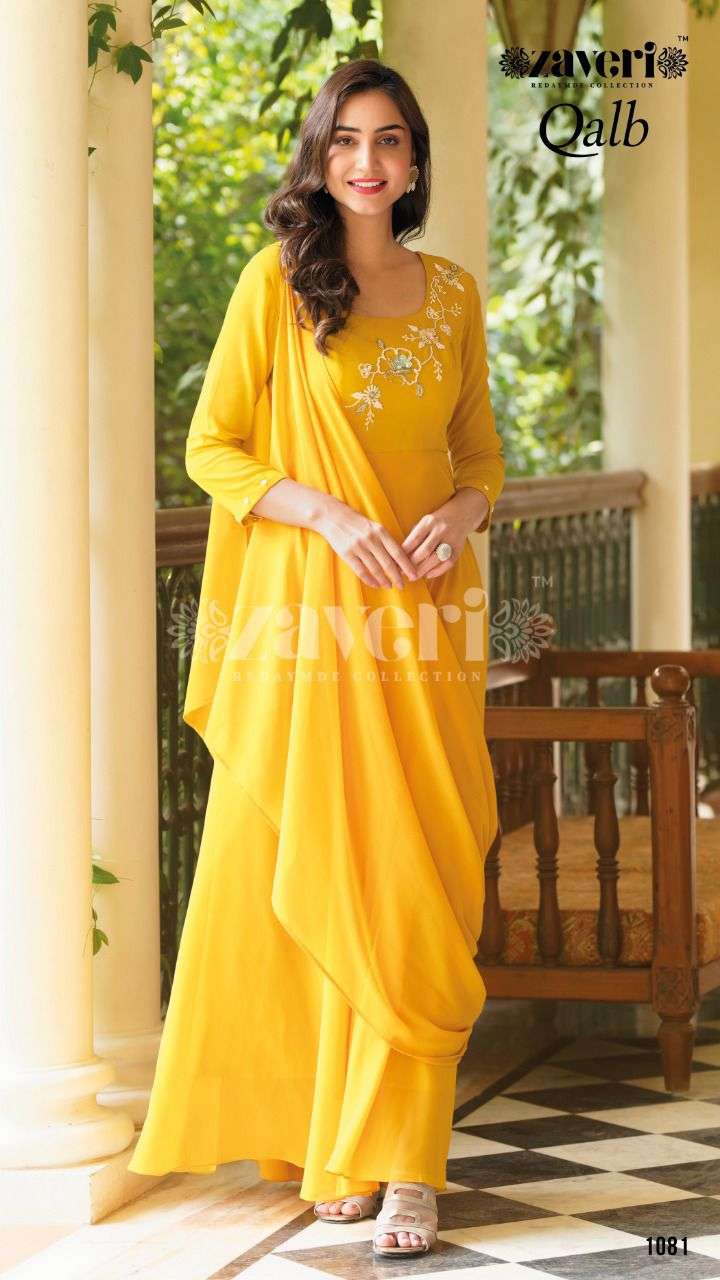 Enchanting IndoWestern Yellow Blue Tussar Silk Floor Length Gown Jacket