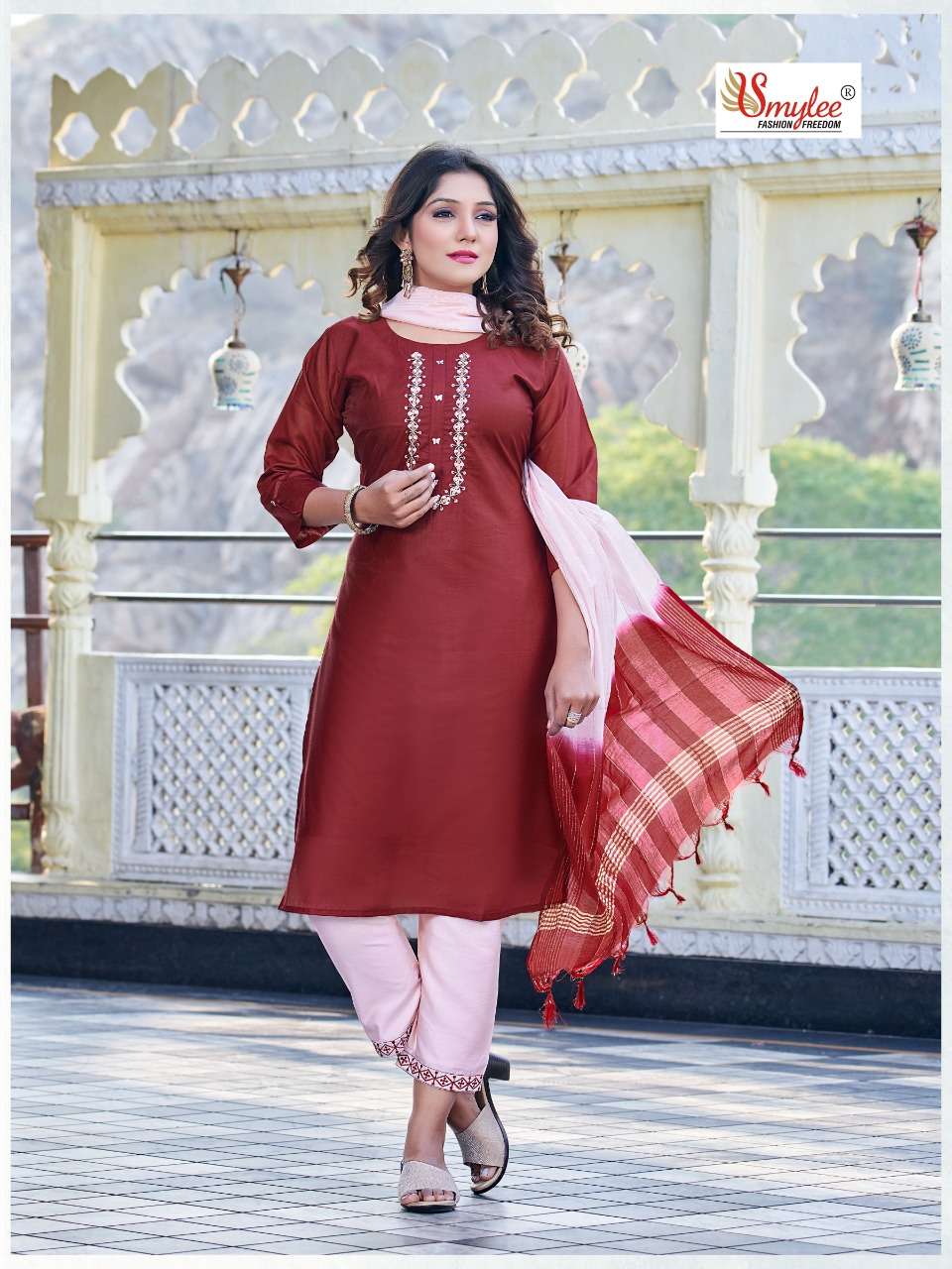 Buy Brown Foil-Printed Chanderi Silk Casual Readymade Kurti-Pants Suit From  Ethnic Plus