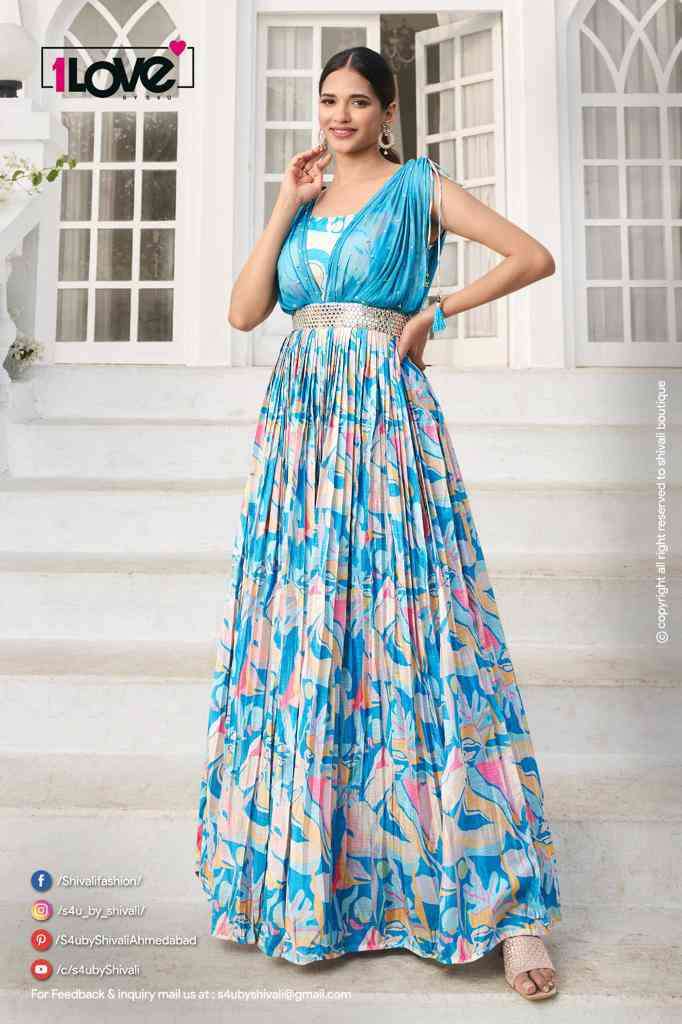 Buy Online New Designer Light Sky-blue Indo-Western Gown With Price.