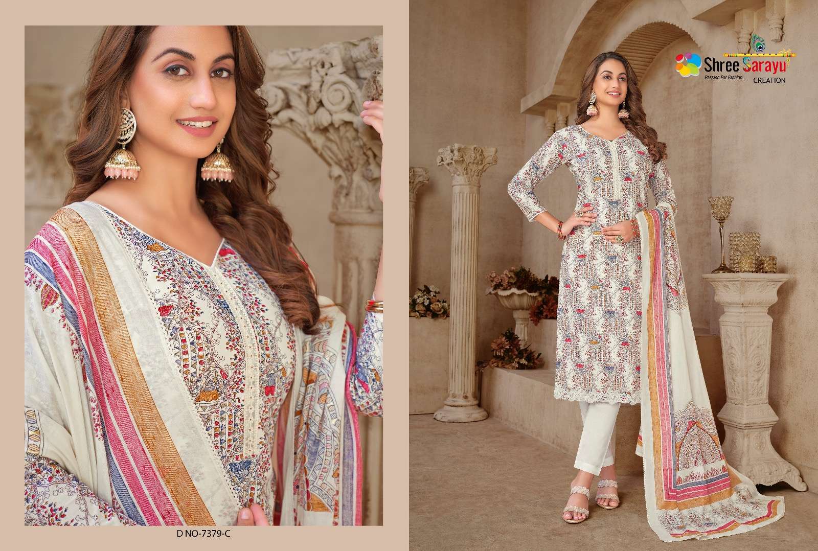 Bagru Printed Cotton Pakistani Suit in Coral Pink : KER68