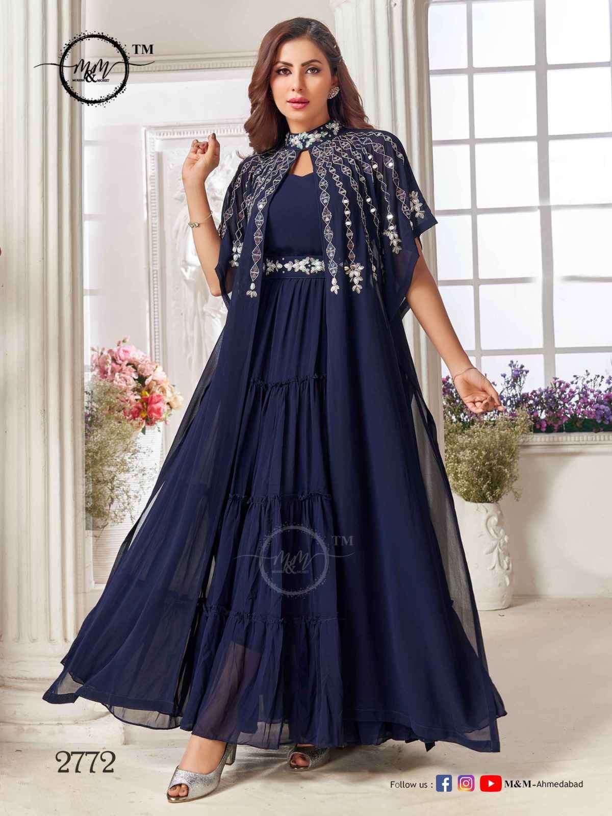 BLUE INDO -WESTERN GOWN WITH RED GOLDEN EMBROIDERY