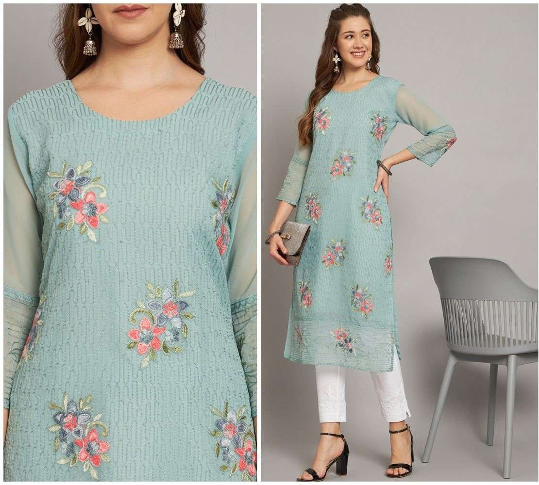 White Flower Kurtis Fancy Style Chikankari Straight Kurti Designs