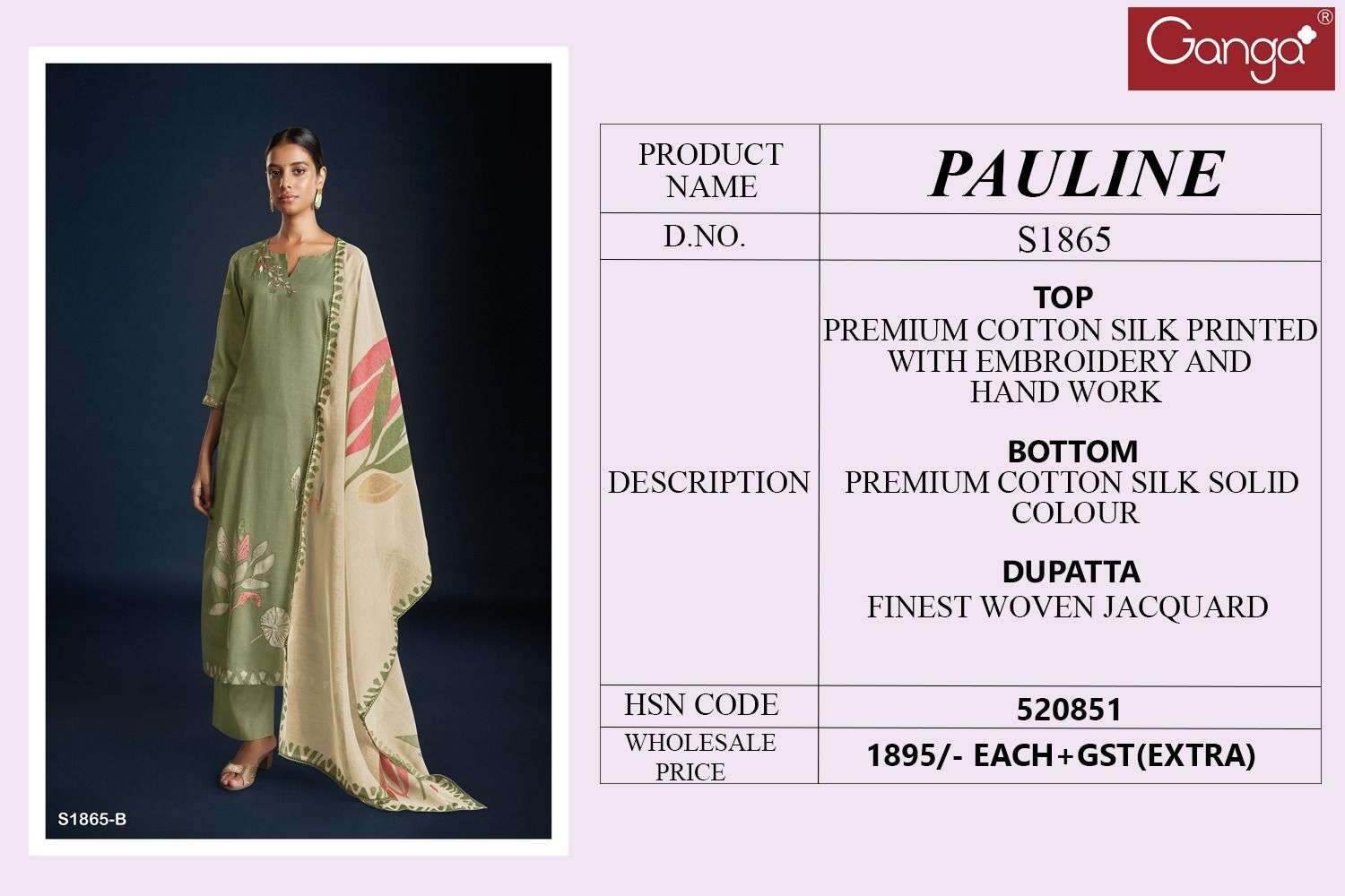 Ganga Pauline 1865 Fancy Cotton Silk Traditional Wear Suit Catalog Exporter