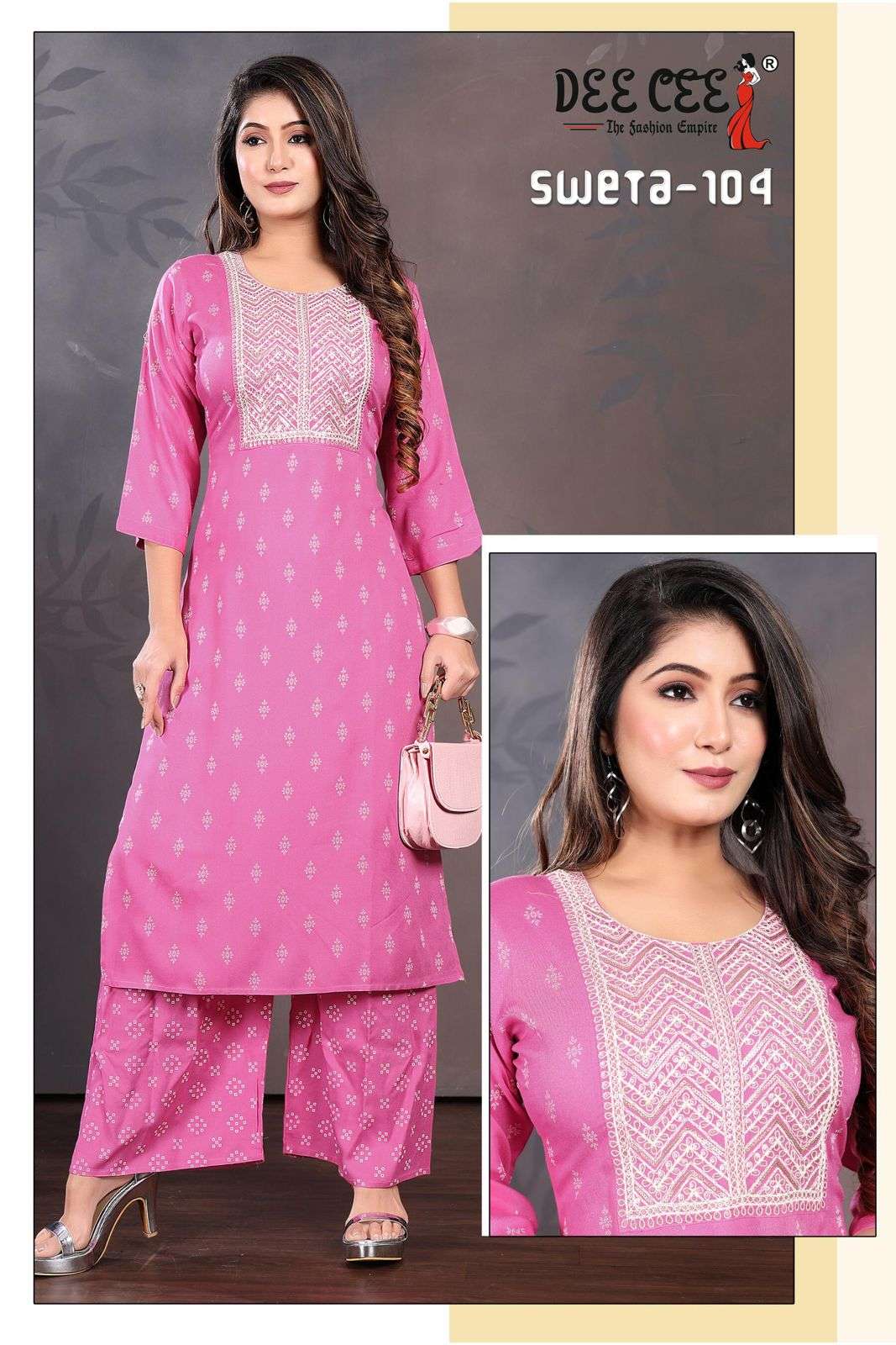 Pink Color Designer Kurti Palazzo Set With Cotton Thread Embroidery Work